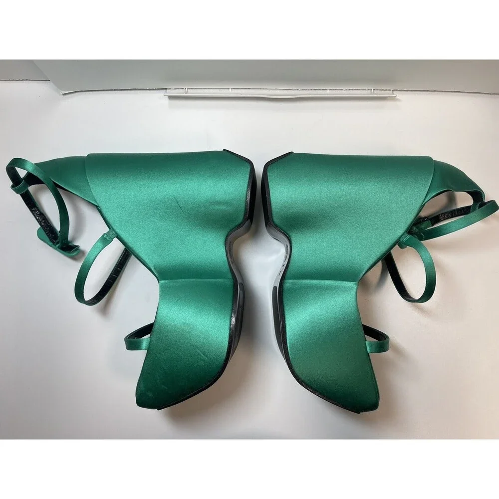 Versace Satin Three Strap Platform Wedge Sandal Heels In Emerald Green Sz 37 1/2